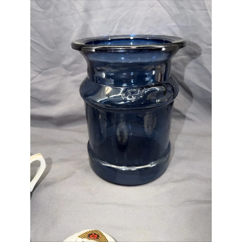 Vintage LE Smith Glass Cream Milk Can Canister Storage Cookie Jar Blue No Lid
